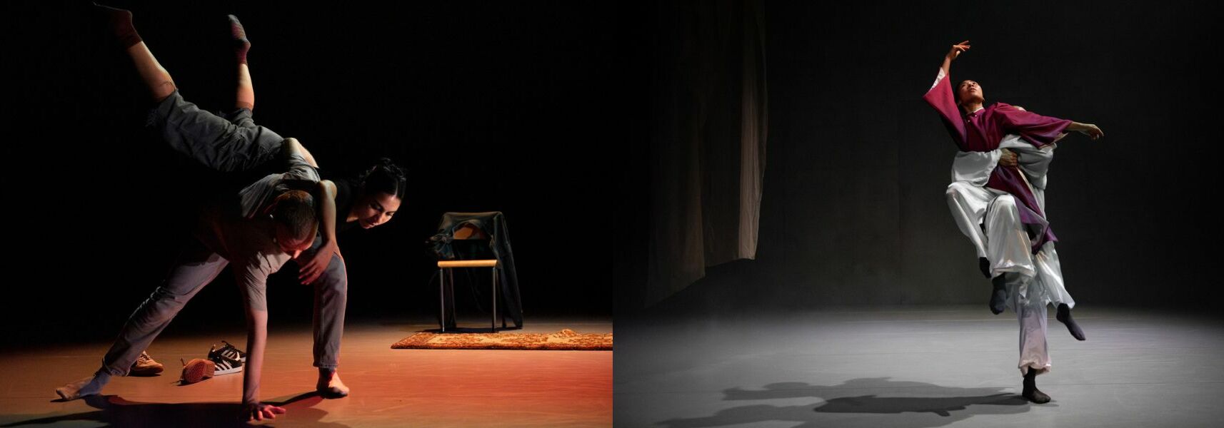 Afbeelding van de voorstelling: Een dansende vrouw met een paarskleurig shirt aan. Haar haren bewegen door de beweging die ze maakt, in de achtergrond zijn veel bomen en lijkt het herfst door de oranje-gele kleur.