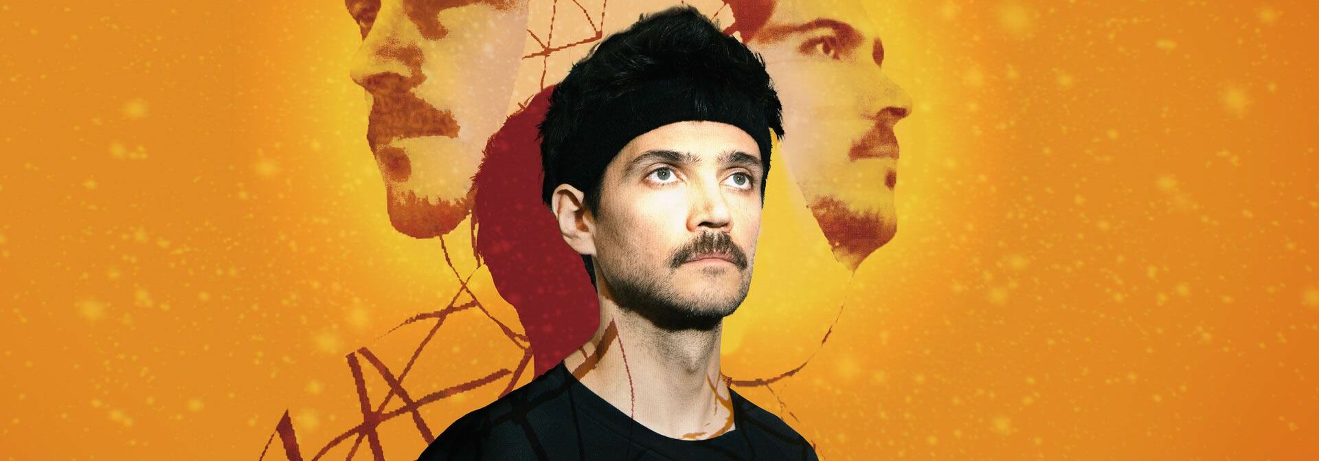 Afbeelding van de voorstelling: Een jonge vrouw omhelst teder een lichtgevende digitale figuur van een man, gemaakt van paarse en gele lijnen, terwijl ze haar ogen sluit in een intiem moment vol technologie en emotie.