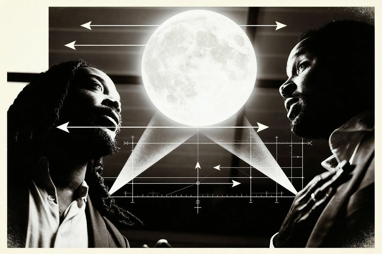 Afbeelding van de voorstelling: De achterkant van twee mannen in een witte blouse staan voor de ruimte met sterren en er zijn ruimteschepen in bewerkt, Rechts is een stuk van de krant te zien met een man met zijn hand in de lucht op televisie.