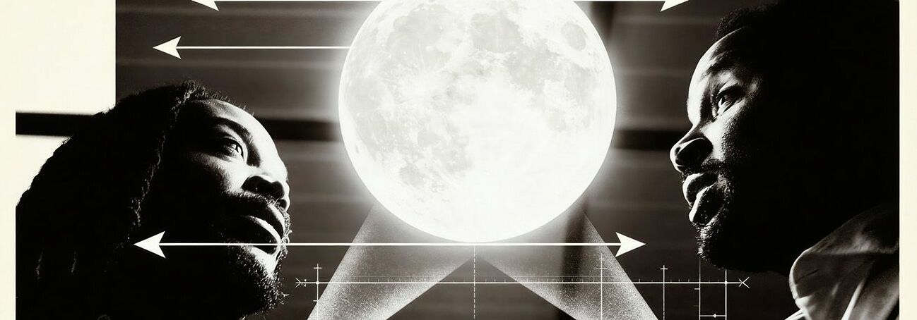 Afbeelding van de voorstelling: De achterkant van twee mannen in een witte blouse staan voor de ruimte met sterren en er zijn ruimteschepen in bewerkt, Rechts is een stuk van de krant te zien met een man met zijn hand in de lucht op televisie.